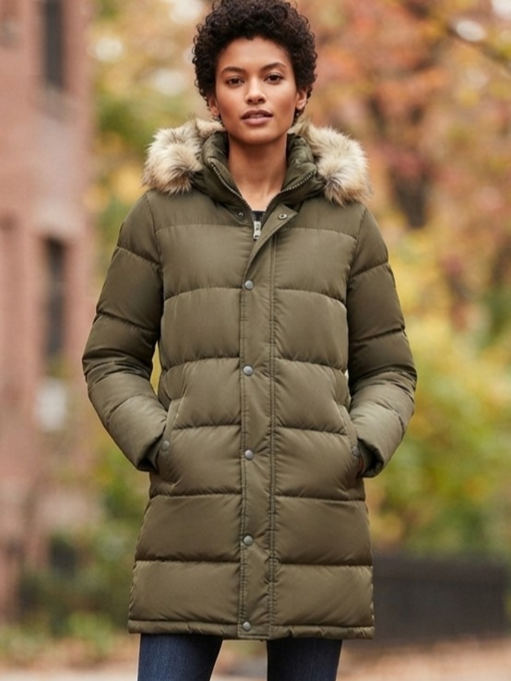Bluenotes Olive Green Hooded Faux-Fur Trim Puffer Coat Size Small